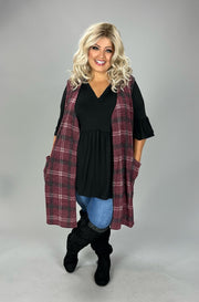 1-82 OT {Means To An End} Burgundy/Black Plaid Vest  w/ Pockets EXTENDED PLUS 3X 4X 5X