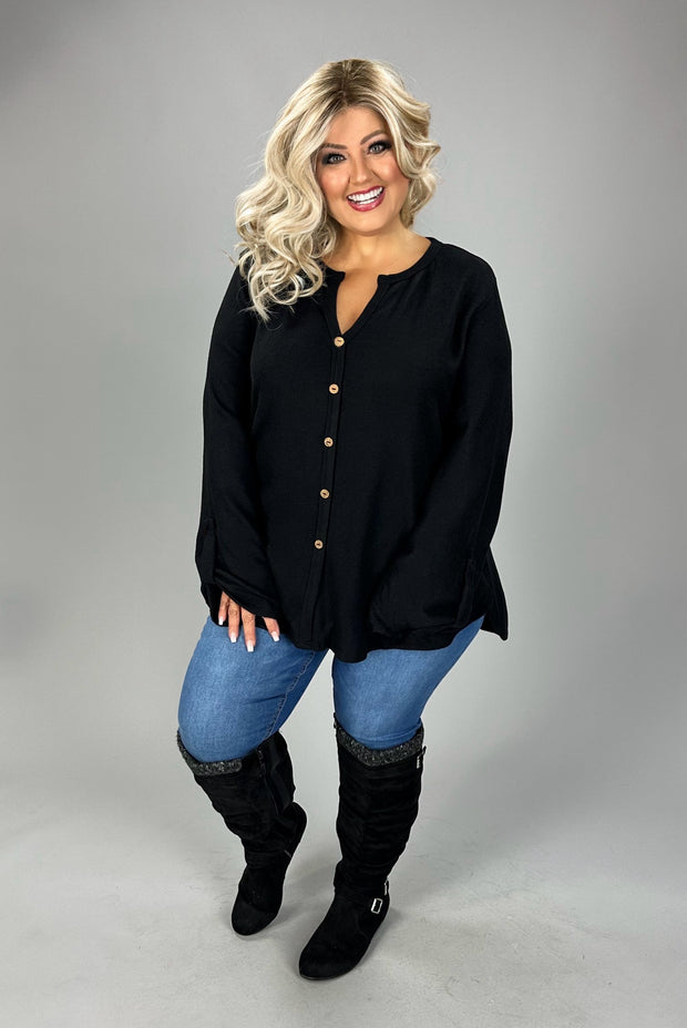 84 SD {Casual Charisma} Black Button Up V-Neck Top w/ Cuffed Sleeves PLUS SIZE XL 2X 3X