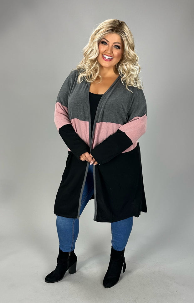 12 OT {Call It Cozy} Charcoal/Pink/Black Color Block Cardigan PLUS SIZE 1X 2X 3X