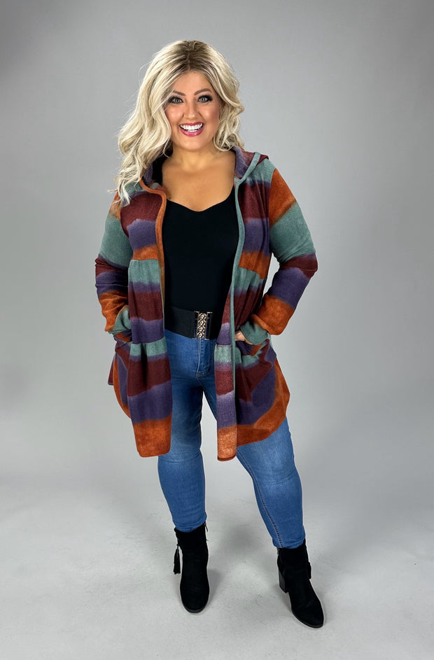 1-37 OT-E {Positive Steps} Rust Multi-Color Stripe Cardigan  W/Hood PLUS SIZE 1X 2X 3X