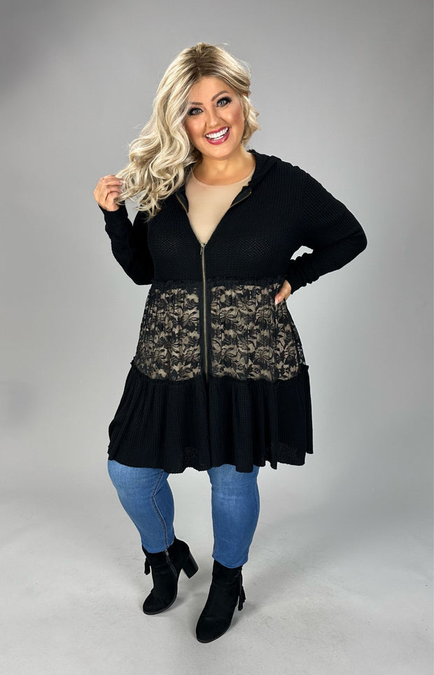 1-51 OT {Be That Girl} VOCAL Black Waffle Knit Hoodie w/ Lace Detail  PLUS SIZE XL 2X 3X