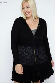 1-51 OT {Be That Girl} VOCAL Black Waffle Knit Hoodie w/ Lace Detail  PLUS SIZE XL 2X 3X