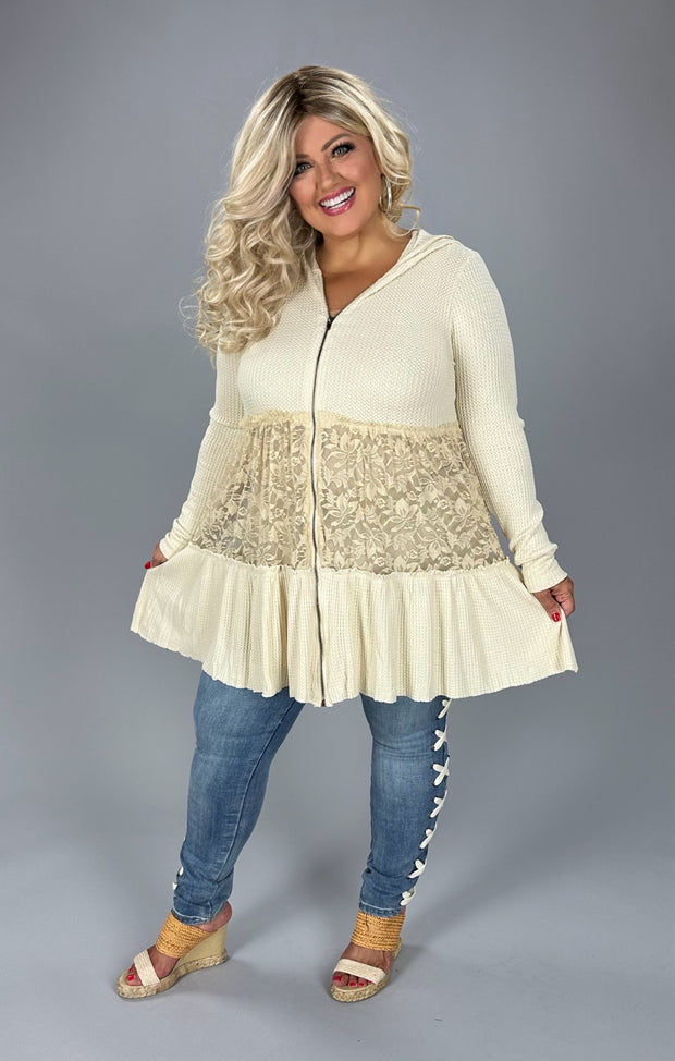 52 OT {Be That Girl} VOCAL Cream Waffle Knit Hoodie w/ Lace Detail PLUS SIZE XL 2X 3X