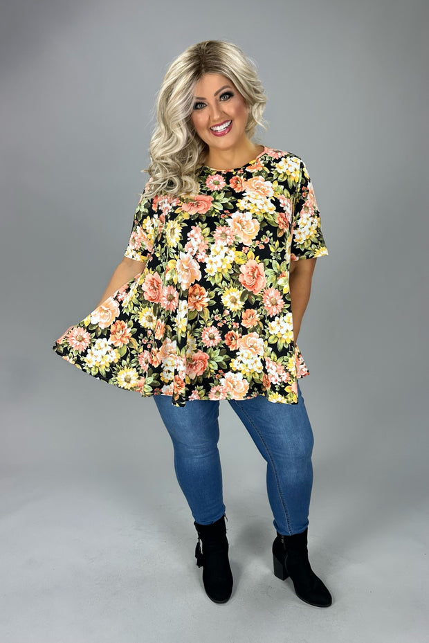 SALE! 55 PSS {Tell It All} Black Floral Print Rounded Hem Top EXTENDED PLUS SIZE 3X 4X 5X