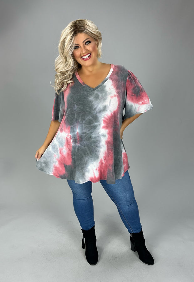 SALE!! 51 PSS {Campground Bonfire} Pink & Green Tie Dye V-Neck Top EXTENDED PLIUS SIZE 3X 4X 5X