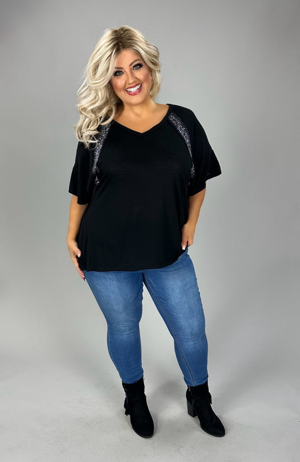 88 SD {Never Basic} VOCAL Black V-Neck Top w/ Rhinestones PLUS SIZE XL 2X 3X