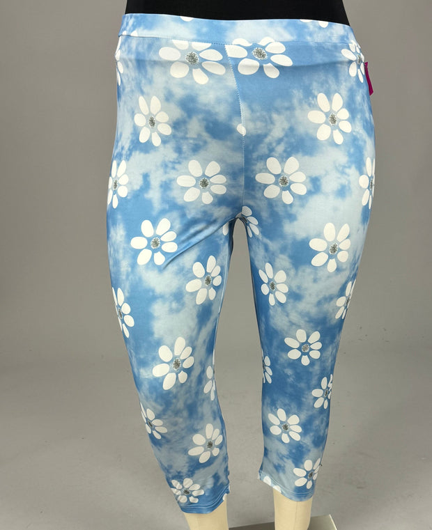 CW BT Blue Tie Dye Daisy Print Wide Leg Capri