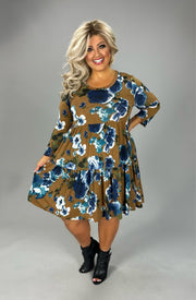 32 PQ-B {Bloom Into Fall} Brown/Blue Floral Tiered Dress PLUS SIZE 1X 2X 3X