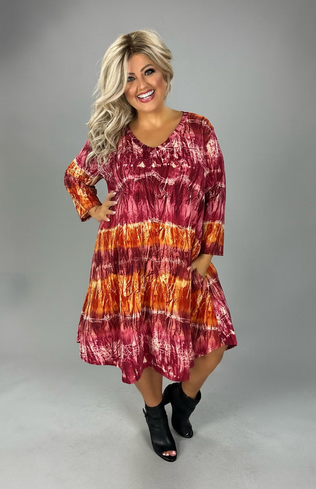 1-18 PQ {Lessons In Style} Wine/Rust Tie Dye Dress w/Pockets PLUS SIZE 1X 2X 3X