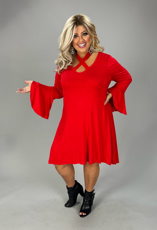 1-32 SQ {Dreaming Of Elegance} Red V-Neck Top w/ Tie Cross Neck Detail PLUS SIZE XL 2X 3X