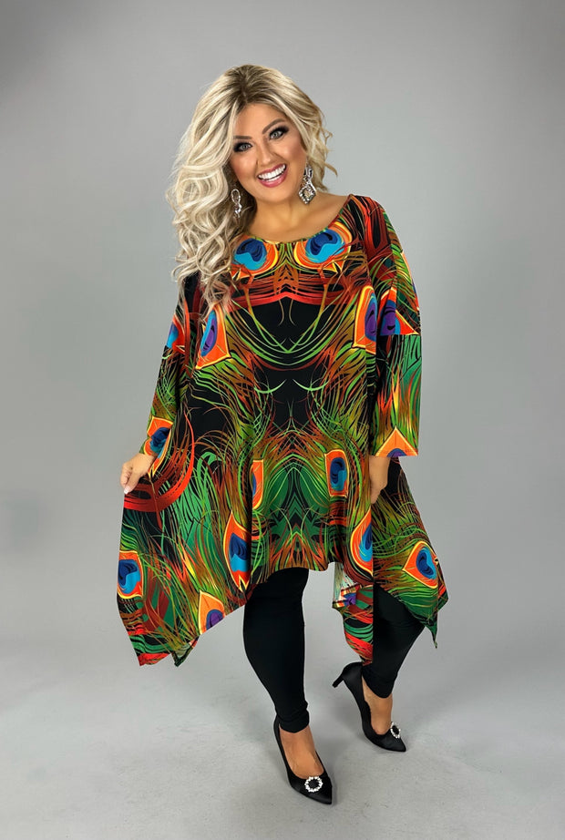 SALE! 23 PQ {The Peacock Lives} Black Orange Green Print Top