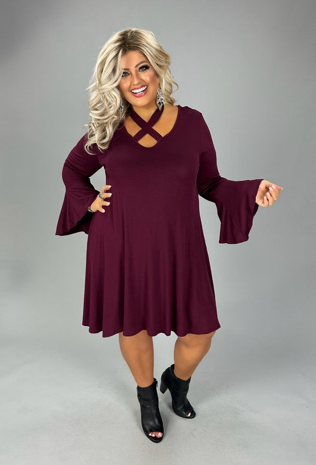 1-36 SQ {Dreaming Of Elegance} Burgundy V-Neck Top w/  Tie Cross Neck Detail PLUS SIZE XL 2X 3X