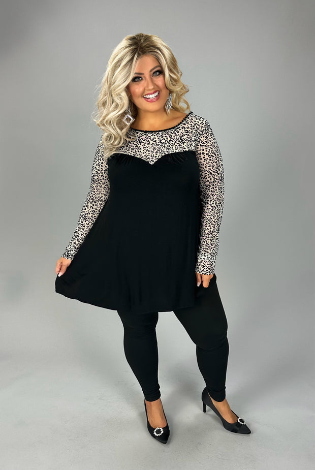 1- 39 CP {Cue The Drama} Black Leopard Contrast Top w/ Lace Neck Detail PLUS SIZE XL 2X 3X