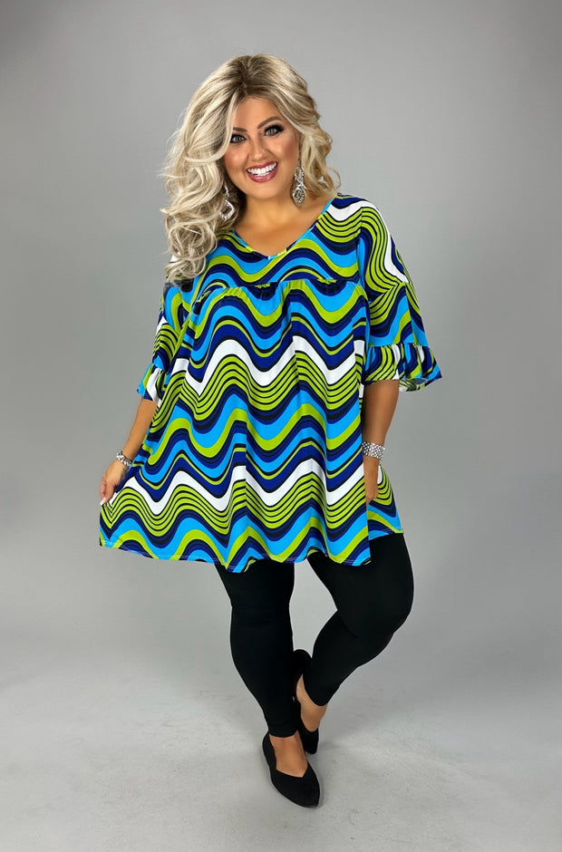 49 PSS {Hold Your Breathe} Blue & Green Shirred Swirl Print Tunic EXTENDED PLUS SIZE 4X 5X 6X