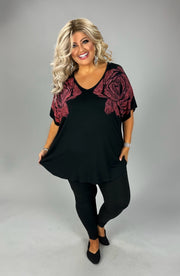 87  SD {Mighty Fine} VOCAL Black Rose Graphic V-Neck Top w/ Rhinestones PLUS SIZE XL 2X 3X