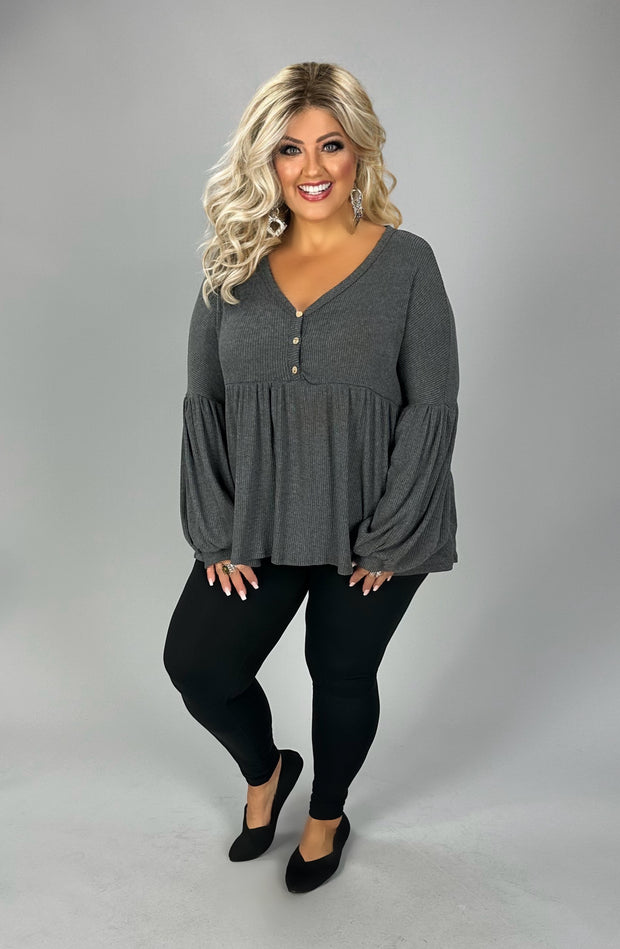 36 SLS-G {Talk Of The Town} Charcoal Babydoll Ribbed Top PLUS SIZE 1X 2X 3X