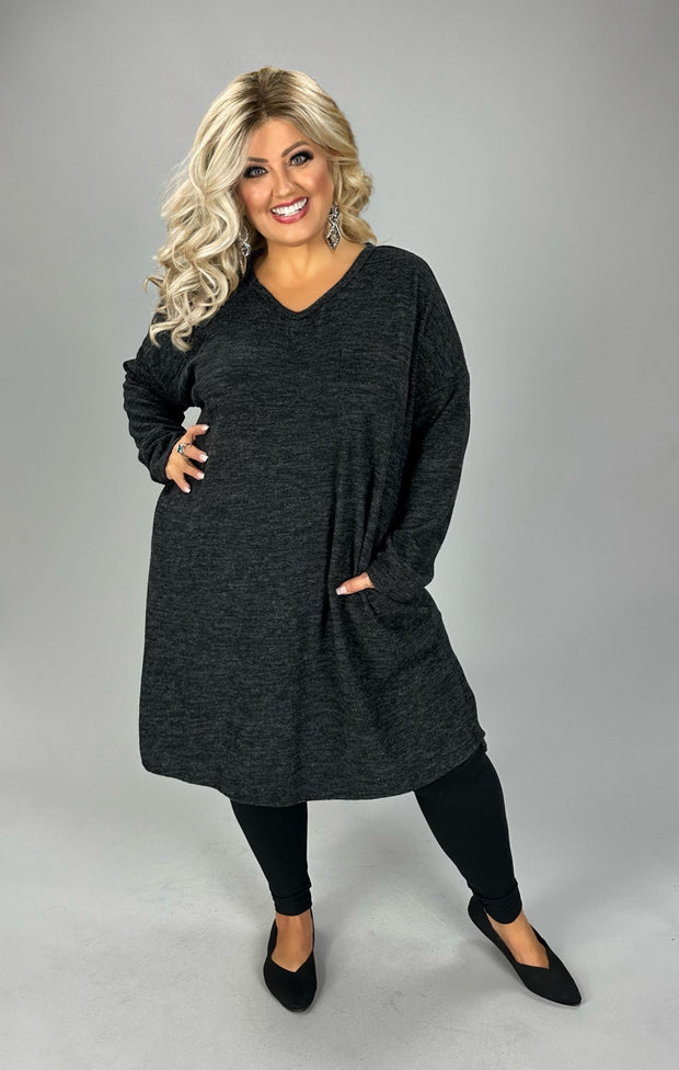 1-56 SLS-L {Crazy Cozy} Heather Black V-Neck Dress PLUS SIZE 1X 2X 3X