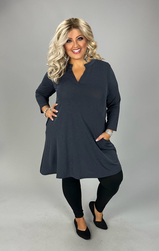 30 SQ {Dressed With Confidence} Charcoal Collared Tunic w/Pockets PLUS SIZE XL 2X 3X