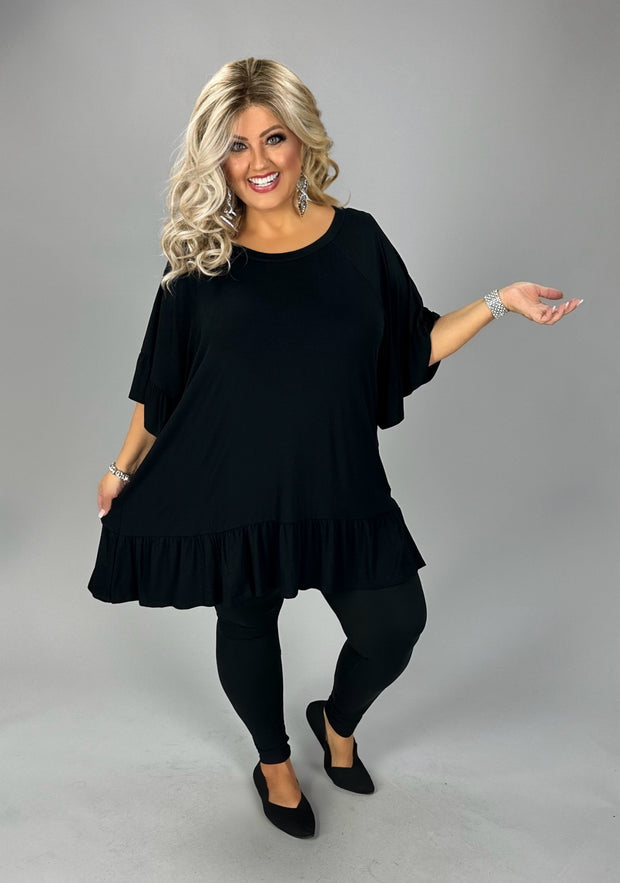 65 SSS {Keeping Mindful} Black Top w/ Ruffle Sleeve & Hem Detail PLUS SIZE EXTENDED 4X 5X 6X