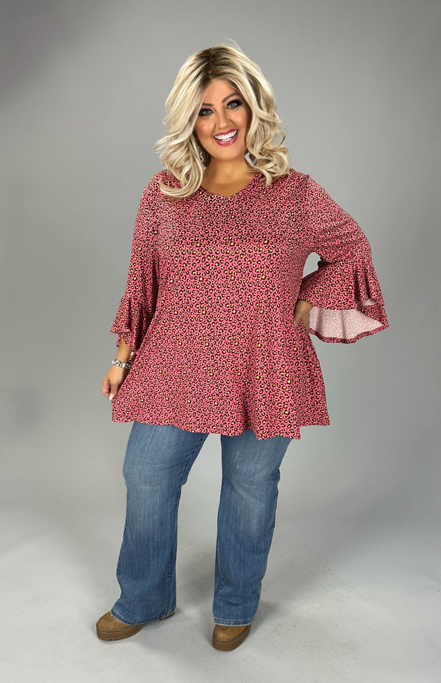 44 PQ {Pleasant Memory} Red Coral Leopard V-Neck Top EXTENDED PLUS SIZE 4X 5X 6X