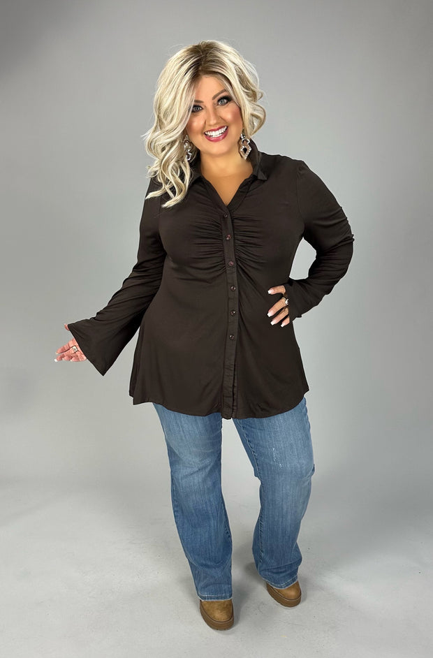 30 SLS {Prioritizing Me} Brown Ruched Button Up Collared Top PLUS SIZE XL 2X 3X