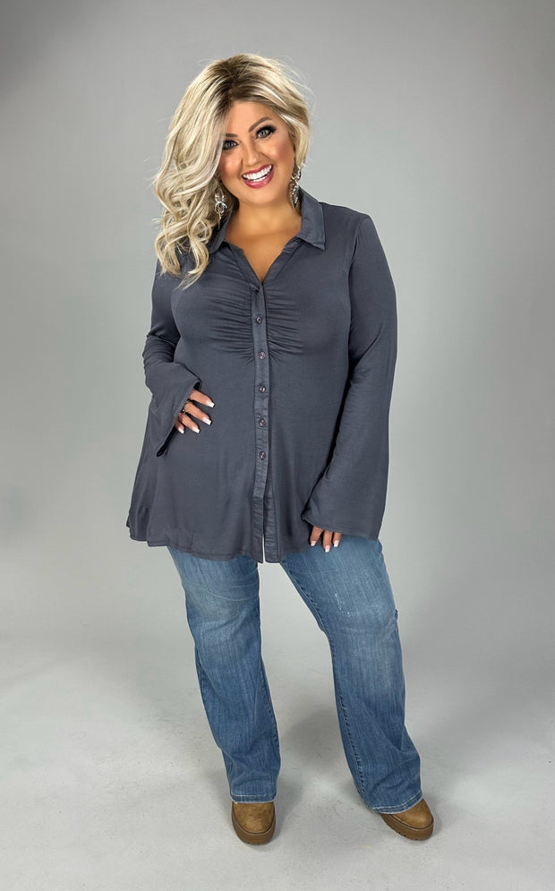 29 SLS {Prioritizing Me} Charcoal Ruched  Button Up Collared Top PLUS SIZE XL 2X 3X