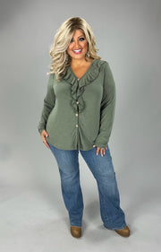 1- 26 SLS {Know Me Best} Olive Ruffle V-Neck Top w/ Buttons PLUS SIZE XL 2X 3X