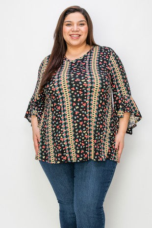 53 PQ {Consider It Stylish} Black/Yellow Floral Striped  V-Neck Top  EXTENDED PLUS SIZE 3X 4X 5X