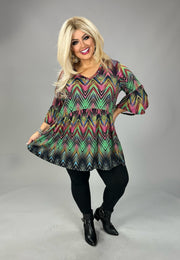 44 PSS {Striking View} Green/Pink Zig Zag Babydoll V-Neck Top EXTENDED PLUS SIZE 3X 4X 5X