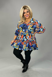 49 PSS {Garden Gate} Blue/Orange Floral Babydoll V-Neck Top  EXTENDED PLUS SIZE 3X 4X 5X