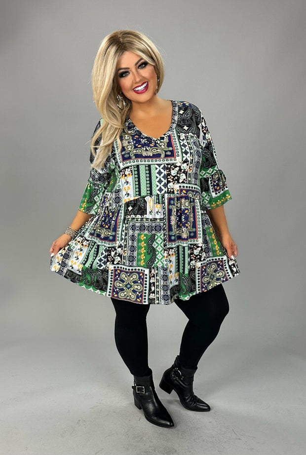 70 PSS {Unique Perspective} Green Patchwork Babydoll V-Neck Top EXTENDED PLUS 3X 4X 5X