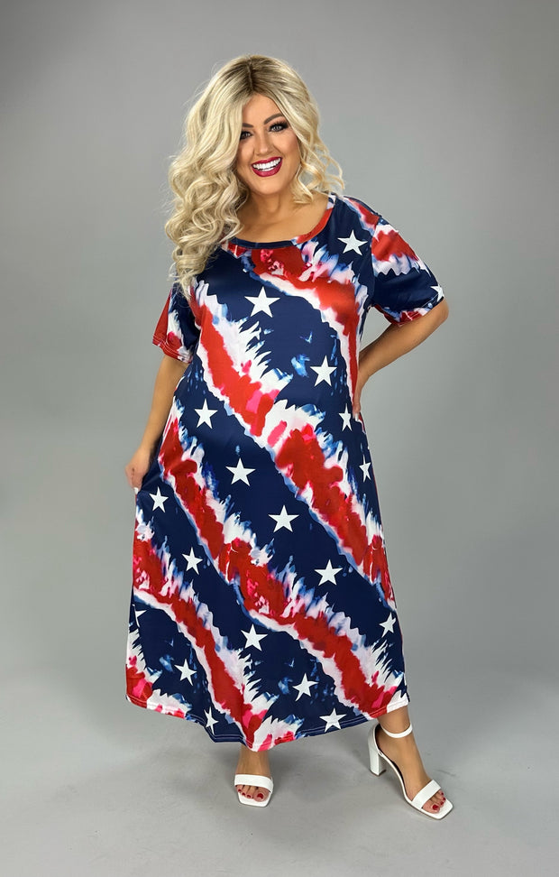 LD-V {Proud & Strong} Red White Blue Star Print Maxi Dress CW PLUS SIZE 1X