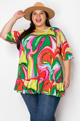 51 PSS {Turn Around} Pink Multi Abstract Print Ruffle Hem Top EXTENDED PLUS SIZE 3X 4X 5X