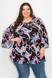 64 PQ {All You Needed}  Black Paisley Print V-Neck Top EXTENDED PLUS SIZE 3X 4X 5X