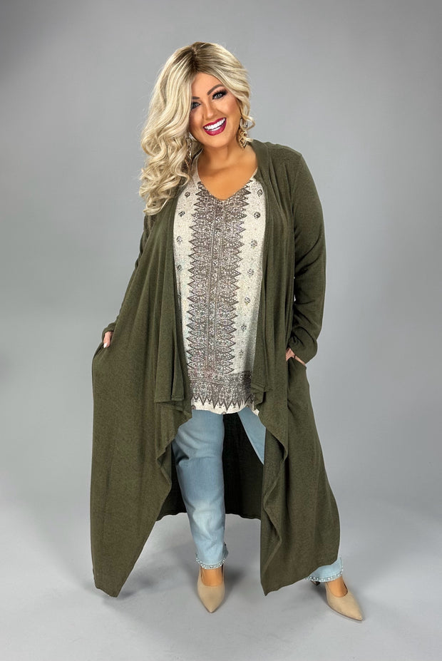 LD-B [City Tours} Forest Green Open Front Duster PLUS SIZE 1X 2X 3X