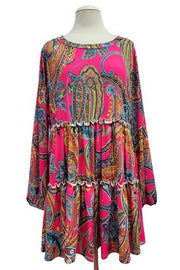 57 PLS {One More Try} Fuchsia Paisley Print Tiered Top EXTENDED PLUS SIZE 3X 4X 5X