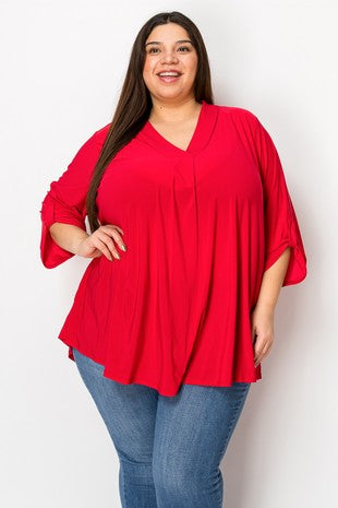 42 SQ {Good Feeling}  Tomato Red V-Neck Quarter Sleeve Top EXTENDED PLUS SIZE 3X 4X 5X