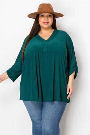 40 SQ {Good Feeling} Hunter Green V-Neck Quarter Sleeve Top EXTENDED PLUS SIZE 3X 4X 5X