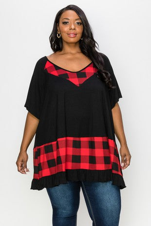 75 CP {Gather Together} Black Red Plaid Contrast V-Neck Top CURVY BRAND EXTENDED PLUS SIZE 3X 4X 5X 6X