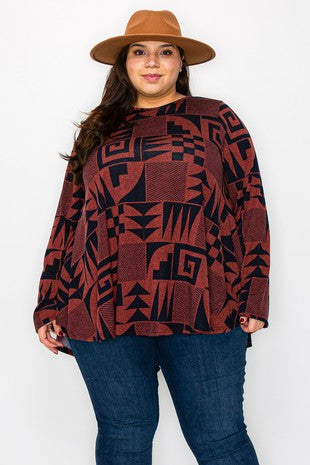 18 PLS {Fall Into Place} Rust/Navy Geometric Print Top EXTENDED PLUS SIZE 3X 4X 5X