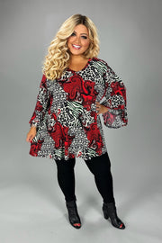 1-81 PQ {Chasing Perfection} Black/Red Mixed Print Ruffle  Sleeve Top EXTENDED PLUS 4X 5X 6X