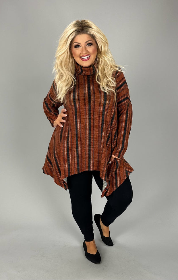 SALE!! PQ-M {Time Together} Rust Black Stripe Cowl Neck Tunic PLUS SIZE XL 2X 3X