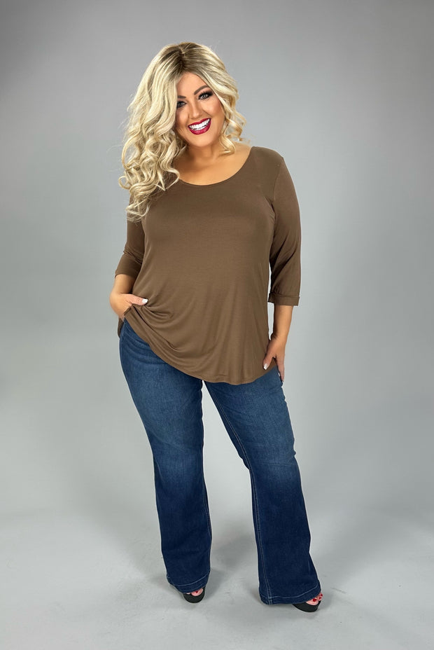 68 SQ {Be Happy With Who You Are} Mocha 3/4 Sleeve Top PLUS SIZE 1X 2X 3X