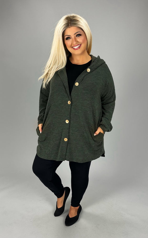 SALE!! 36 OT {Embrace The Chill} Olive Button Up Cardigan w/Hood PLUS SIZE 1X 2X 3X