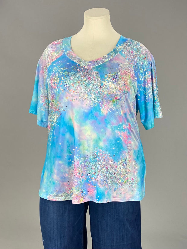 SALE!! CW  PSS {Bringing The Sparkle} Blue Tie Dye V-Neck Top CW EXTENDED PLUS SIZE 3X 4X 5X