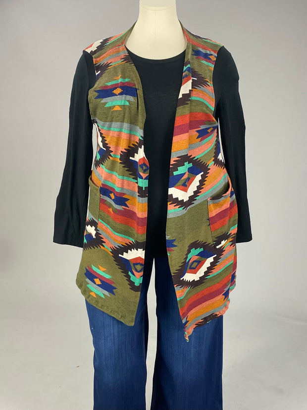 19 OT {Scenic Views} Olive Tribal Print Vest w/ Pockets PLUS SIZE XL 2X 3X