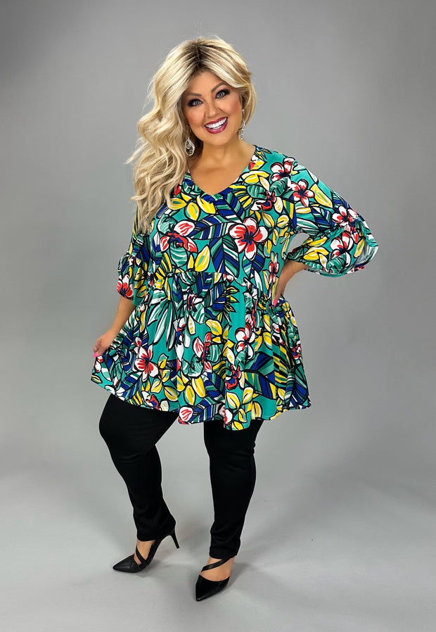 58 PSS {Making My Way} Green Floral Tulip Sleeve Top EXTENDED PLUS SIZE 3X 4X 5X