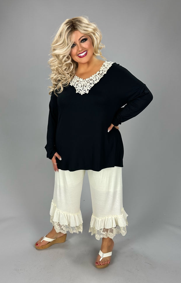 SALE!! 32 SD {Shine Like A Diamond} Black Top w/Ivory Crochet Neck PLUS SIZE 1X 2X 3X