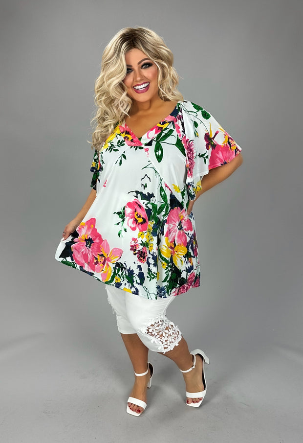 46 PSS {Growing & Glowing} Ivory Floral V-Neck Top EXTENDED PLUS SIZE 4X 5X 6X