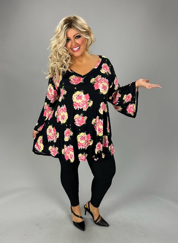 42 PQ {Every Rose} Black/Pink & Yellow Rose Print Top EXTENDED PLUS SIZE 3X 4X 5X